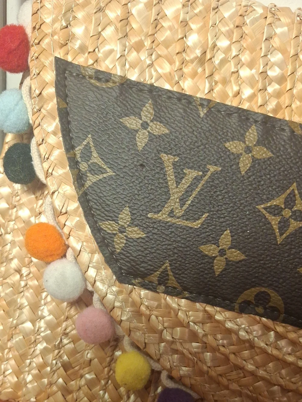 Upcycle Louis Vuitton Straw Clutch with Monogram Panel and Colorful Pom-Poms